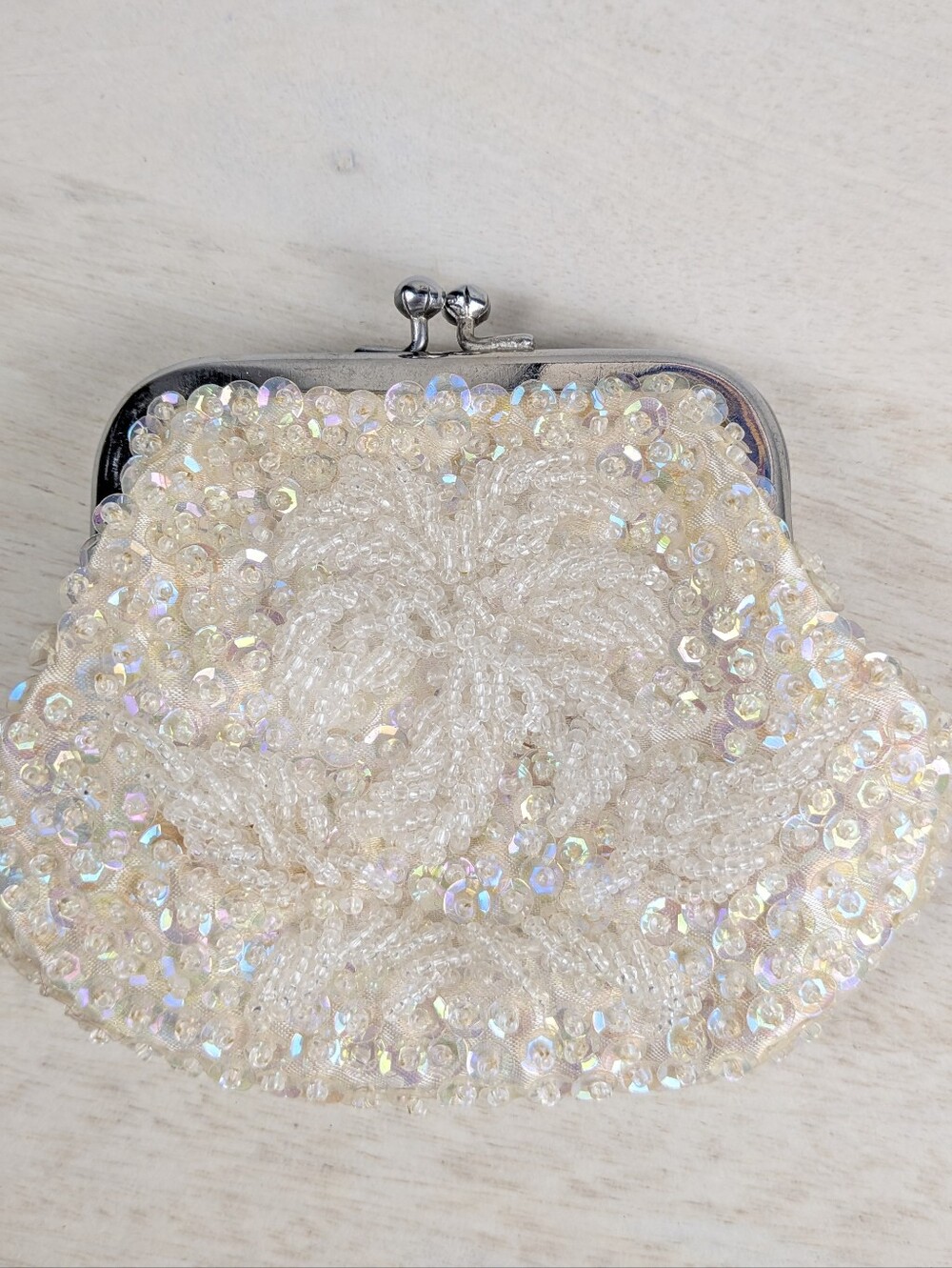1960's Hand Beaded Coin Purse Glass Beads Sequins White Silver Closure Satin